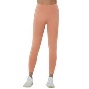 Leggings de yoga taille haute longueur cheville avec surpiqûres contrastées, en Spandex Nylon noir uni, extensibles dans les quatre sens - Product Image 4