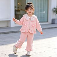 Ensemble décontracté 2 pièces pour bébé fille, col Peter Pan en dentelle, veste florale 3D, pantalon à volants, ensembles de mode printemps pour enfants