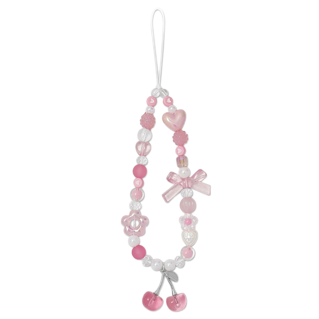 Flower Chain Strawberry Bow Phone Lanyard Niche Beaded Cherry Pendant Camera CCD Strap Bag Charm Accessories Wholesale