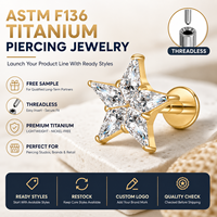 JiaXin ASTM F136 G23 Titanio Push Pin Sin Rosca para Labret, Labio, Hélix, Concha, Cartílago, con Incrustación de Corazón de Circonita Cúbica, Joyería para Piercing 16G