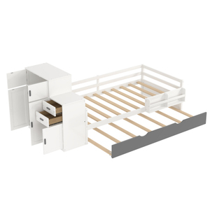 Twin Size Wood Platform <b>Bed</b> with Sample Bookshelf and Movable Wardrobe, Multifunctional <b>Bed</b> with Built-in Trundle <b>Bed</b> - Product Image 4