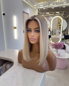 <span class=keywords><strong>Nerissa</strong></span> Hair Hochwertige 100% Echthaar Bob-Schnitt Seidig Glatte Balayage-Färbung Blonde Highlights Transparente Lace-Front-Perücken - Product Image 3
