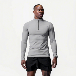 Camiseta Deportiva de Manga Larga para Hombre, Corte Ajustado, Cuello Alto, Tejido de Punto, Secado Rápido, Color Gris Sólido - Product Image 1