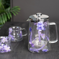 Cafetière à piston française en verre résistant à la chaleur, spécialement conçue avec fleurs séchées décoratives, directement de l'usine