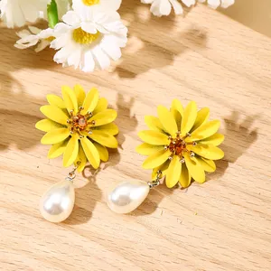 Pendientes de flores pintadas a la moda de Queming, pendientes versátiles bonitos simples de perlas de imitación con forma de gota