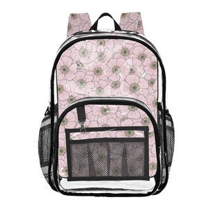 Sac à dos transparent en PVC pour enfants et adolescents, motif fleur rose tendance, 12L, logo personnalisé, sac d'école pour filles avec poches en filet - Product Image 1