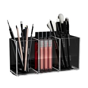 Organizador de maquillaje de acrílico transparente, soporte de almacenamiento de cosméticos con 3 compartimentos para lápiz labial, lápiz de cejas, cepillo, mesa de tocador - Product Image 5