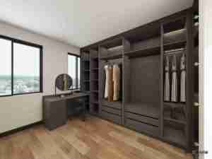 Armoires modernes minimalistes avec porte en verre, éclairage LED, <span class=keywords><strong>dressing</strong></span>, placard en bois foncé avec coiffeuse et miroir rond - Product Image 5