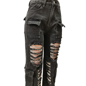 Y2K Style High Waist Dark <strong>Grey</strong> Hollow Out <strong>Cargo</strong> Jeans <strong>Trousers</strong> for <strong>Women</strong> 2023 Fashion Pockets Denim Pants - Product Image 3