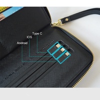 Dompet Power Bank Kulit Mikrofiber Panjang Terbuka Kustom BOS24011101, Pengisi Daya Nirkabel RFID, Lapisan Poliester, Unisex, Fashion