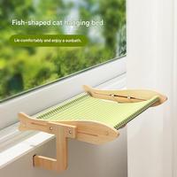 Promotion : Hamac de fenêtre moderne en bois en forme de poisson pour chat – Robuste, durable, écologique, réglable, sans perçage – Perchoir pour chats