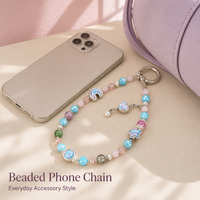 Chaîne de téléphone portable pour poignet avec pendentif en perle en forme de cœur, étoile et lune bicolores, breloque anti-perte haut de gamme pour téléphone mobile
