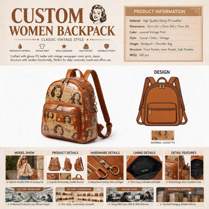 Mochila de Cuero PU Vintage Personalizada para Mujer con Estampado de Cómics, Múltiples Bolsillos, Correa para el Hombro, para Uso Diario y de Viaje - Product Image 1