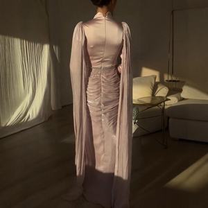 豪華なスプライスリボンのイブニングドレス、女性用スタンドカラー長袖パッチワークダイヤモンドチュニックフォールドマキシドレス - Product Image 5