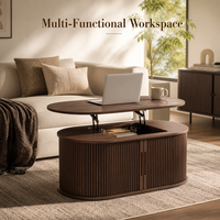 Table basse relevable avec rangement, table centrale ovale moderne en bois cannelé pour salon, appartement, meubles multifonctionnels