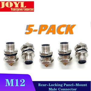 Conector M12 de 4 pines, kit de enchufe macho para montaje en panel, acoplamiento de aviación roscado de 12 mm, impermeable IP67, paquete de 5 - Product Image 1