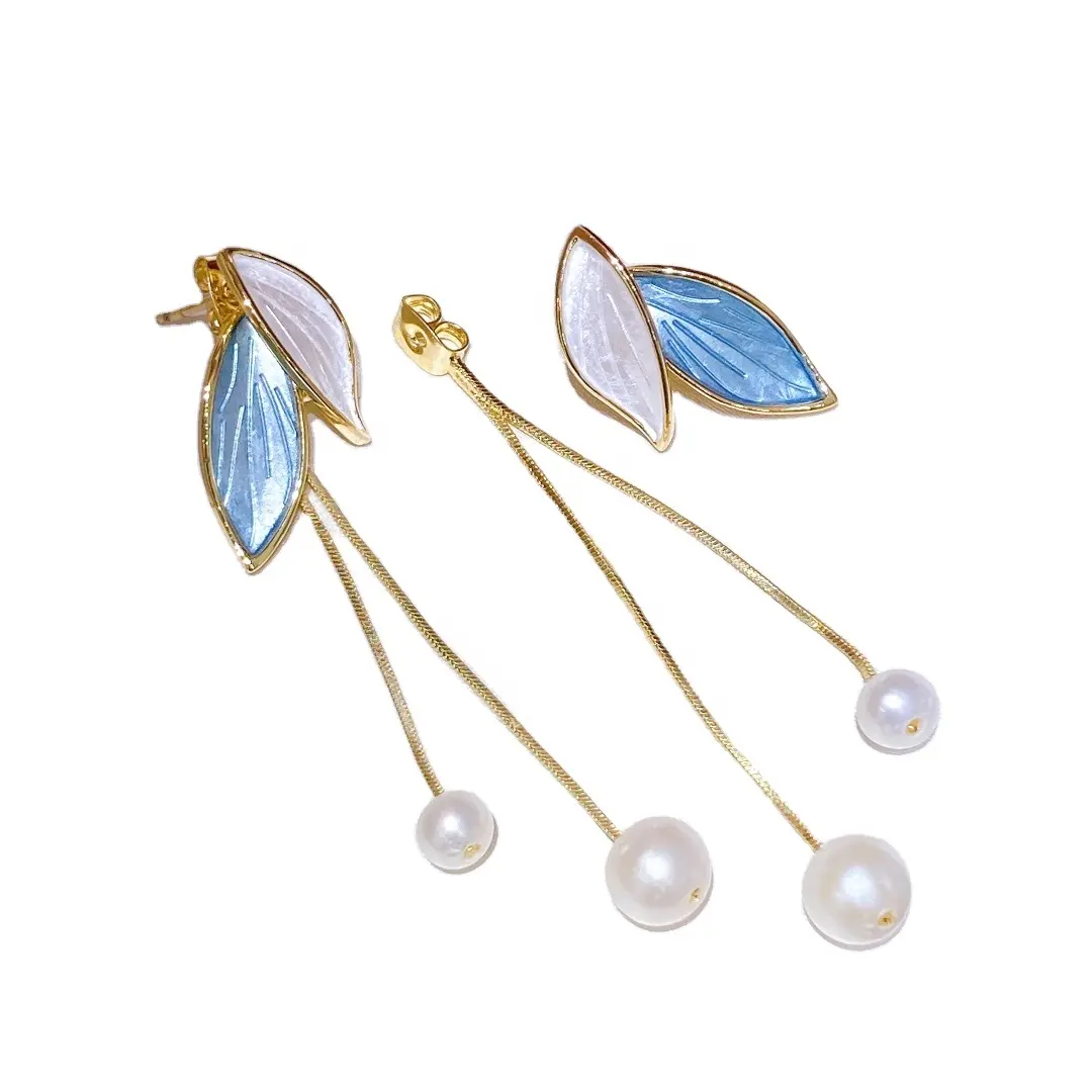 Natural Morandi Leaf Pearl Dangle Earrings Twin Double Pearls Drop Earrings Jewelry