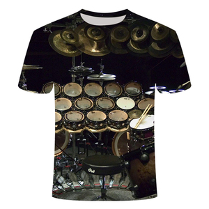 T-shirt à manches courtes à col rond avec impression par transfert thermique durable, motifs crânes, instruments de musique rock, guitare, orchestre, design de salle de sport - Product Image 1