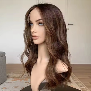 Perruque complète en cheveux humains européens bruts de qualité supérieure, avec dentelle HD, brun foncé, mèches blondes, perruque juive pour femmes - Product Image 5