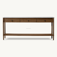 Console moderne en bois avec plateau en marbre de Carrare, table d'entrée à trois tiroirs, étagère ouverte pour la décoration du salon