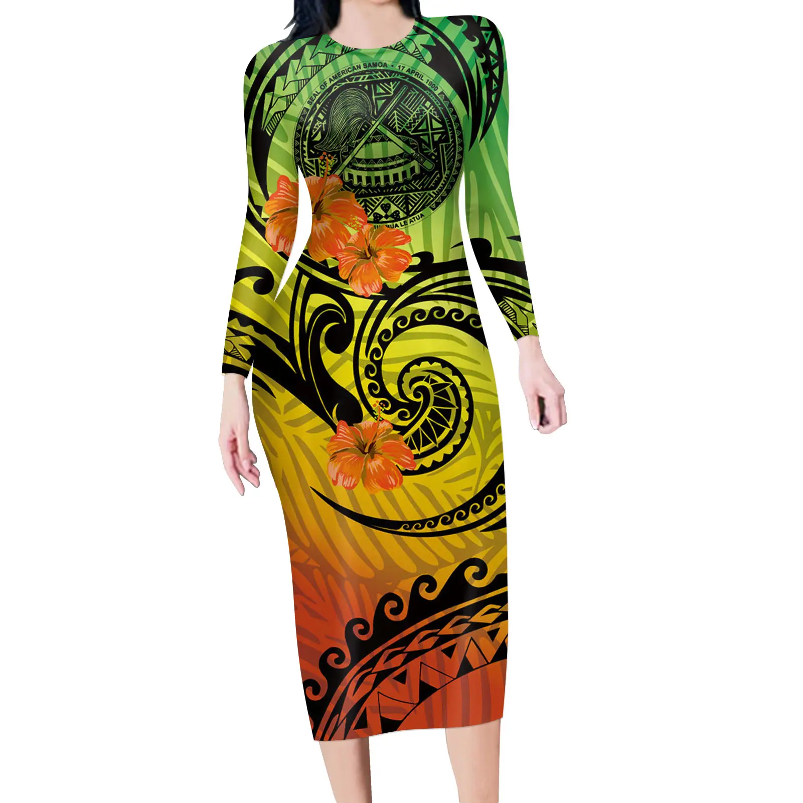 Frauen Arbeiten Kleider Formal Wear Samoan Hibiscus Plumeria Abendkleider Frauen Elegante Lange Hülse O Hals Neue Mode Frauen Kleid