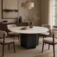 Mesa de Comedor Moderna Redonda de Mármol 1913-1.5 1500mm Fendi Blanco Gris Hierro con Base de Metal, Mesa de Comedor para Hotel/Apartamento