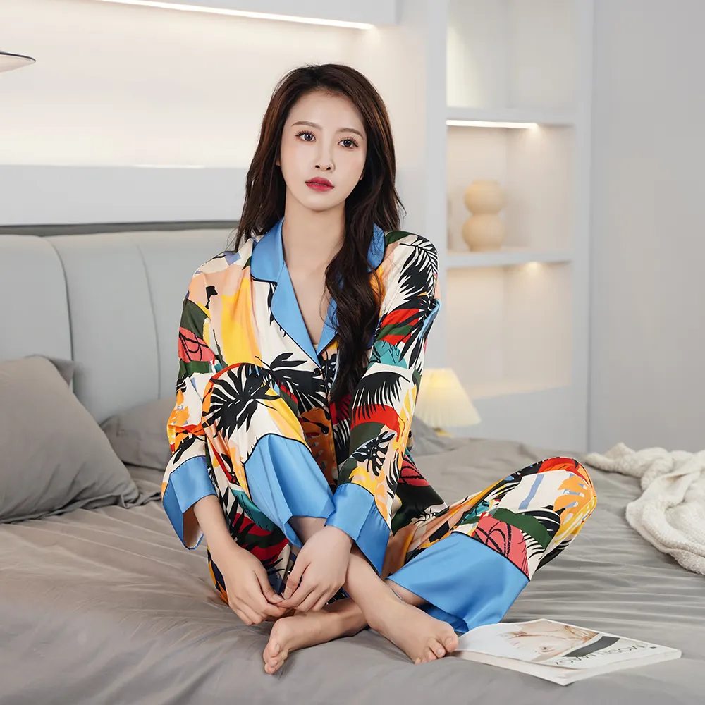 Faux silk pajamas women sets long-sleeved trousers sexy two-piece thin lapel cardigan loose silk pajamas home service suit