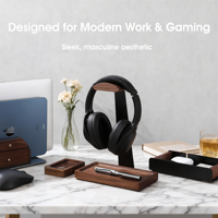 Support pour casque en noyer, support pour casque en bois pour bureau, support universel pour casque en bois avec base de rangement pour jeux, AirPods Max