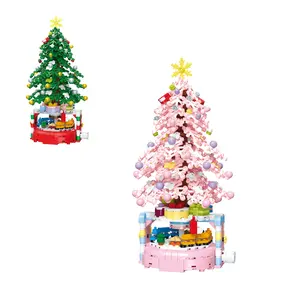 Zuanma 2023 Nieuwe Kerstserie Kerst Xmas Boom Bouwsteen Set Trein Basis Rotatie Roze Kerstboom Set