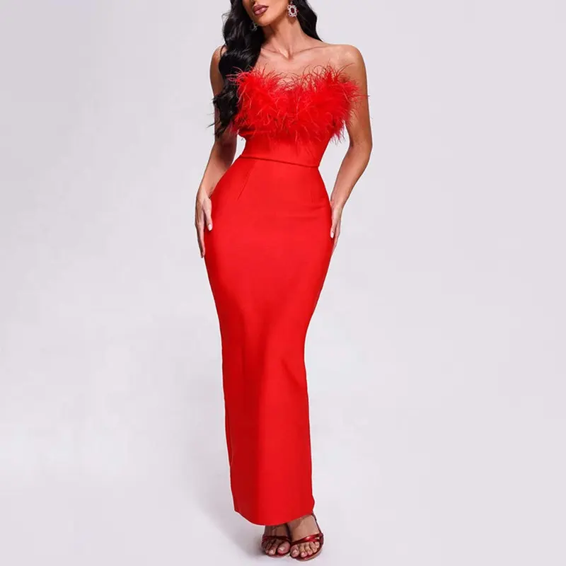 BA290 Vestido largo de vendaje de plumas rojas para mujer sin espalda sin tirantes Vestidos de Navidad de noche elegantes Vestidos divididos de alta calidad 2023