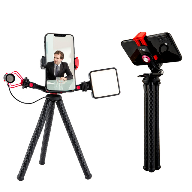 Fotopro Flexible Octopus Tripod Vlogging Kit With LED Light and Microphone for Smartphone Recording