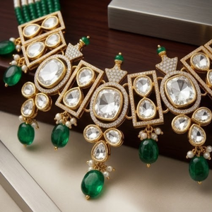 Conjunto de Collar de Plata 925 con Esmeraldas y Kundan, Joyería Nupcial de Lujo, Aretes de Perlas de Diseño para Mujer - Product Image 2