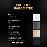 Interruptor de Luz de Pared Eléctrico Cuadrado Tipo 86*86mm, 2 Ganglios, 1 Vía/2 Vías, con Panel de PC en Color Gris, Dorado y Plateado, 10A 220-250V