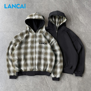 Sweat à capuche réversible personnalisé Lancai, intérieur à carreaux, coupe ample et courte, fermeture éclair YKK, style vintage vieilli, impression DTG, surdimensionné pour homme - Product Image 2
