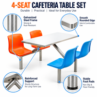 Ensemble de table de cantine intégrée en acier contemporain 4 places avec chaises en plastique colorées, mobilier de salle à manger scolaire