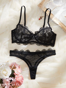 Set Intimo Sexy Due Pezzi <span class=keywords><strong>Nero</strong></span> Floreale Trasparente Ricamato con Reggiseno Push-up con Ferretto e Slip a Vita Bassa con Spalline Regolabili e Perizoma - Product Image 2