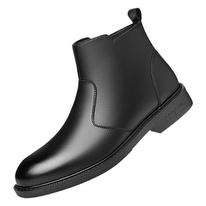 Bottes Chelsea pour hommes en cuir véritable, bout rond, doublure en peluche, semelle en caoutchouc isolante, chaudes pour l'hiver, tendance - Product Image 5