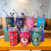 Tasse à paille en acier inoxydable isolée à l'ours fraise de style dessin animé tasse à café de bureau portable de grande valeur avec paille pour les enfants