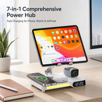 Station de charge magnétique sans fil 7-en-1 à prix d'usine avec support pliable, veilleuse LED, réveil et sorties USB