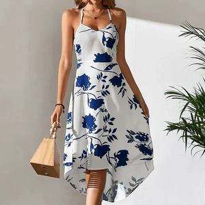 Vestido Mini Floral de Verano para Mujer al por Mayor, con Tirantes Finos, Corte A, Dobladillo con Volantes, Transpirable, de Gasa Tejida, Ajustado - Product Image 3