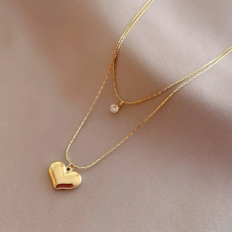 14K golden love pendant stainless steel necklace female ins simple neck chain niche design sense student jewelry