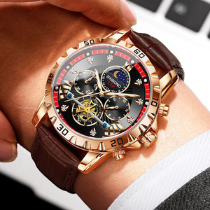 Binbond Men's Watch Analog Chronograph Moon Phase Luminous Hands <b>Date</b> 30M Waterproof Brown Leather Strap - Product Image 2