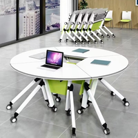 Mesa de Conferencia Redonda Plegable de Bambú con Combinación de Sillas, Multifuncional, Móvil, Enlazable, para 2 Personas, para Aula o Grupo