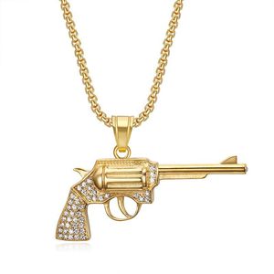 yunnique Revolver Pendant Necklace Stainless Steel Gold Plated Pave Setting Men's Hip Hop Jewelry Gift - Product Image 1