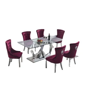 Custom Wholesale Living Room Furniture Glass Top Table 6-8 Chairs Dining Room Hotel Furniture Dining Room Stainless Steel Metal