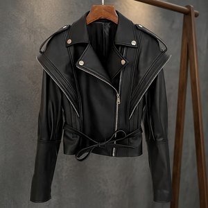 Chaqueta de moto de cuero PU para mujer, cuello vuelto, cremallera, cinturón, abrigo corto de motociclista, proveedor mayorista de LOGOTIPO personalizado 2026 - Product Image 2