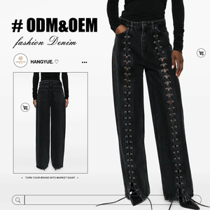 Dames 100% Katoenen Gewone Zwarte <span class=keywords><strong>Jeans</strong></span> 360 Gram Ademende Mid-Taille Heavy Verwijderbare Knop Casual Straight Tube Mode - Product Image 1