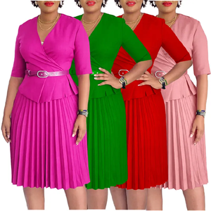 Abbigliamento Femminile Ultimo Design, Abiti da Ufficio per Signore, Vestiti Casual Eleganti <span class=keywords><strong>con</strong></span> Mezza Manica, Scollo a V, Plissettati, Abiti da Chiesa <span class=keywords><strong>con</strong></span> <span class=keywords><strong>Cintura</strong></span> - Product Image 1