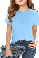 Camisetas de Cuello Redondo para Niñas, Tops de Verano para Niños, Camisetas Personalizadas de Moda Básica de Manga Corta al por Mayor, Mezcla de 60% Poliéster y 40% Algodón