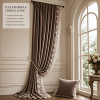 Rideau en velours moka vintage français avec bordure en dentelle florale festonnée, rideaux occultants lourds pour salon